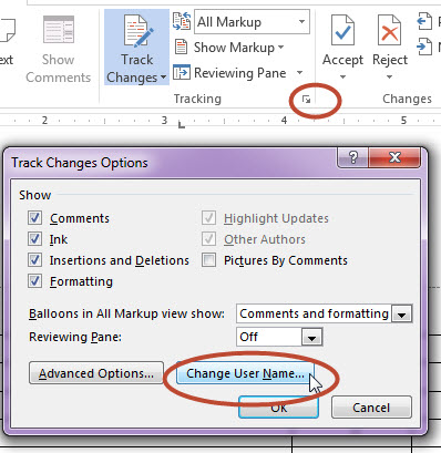 change the name of tracked changes user in word for mac